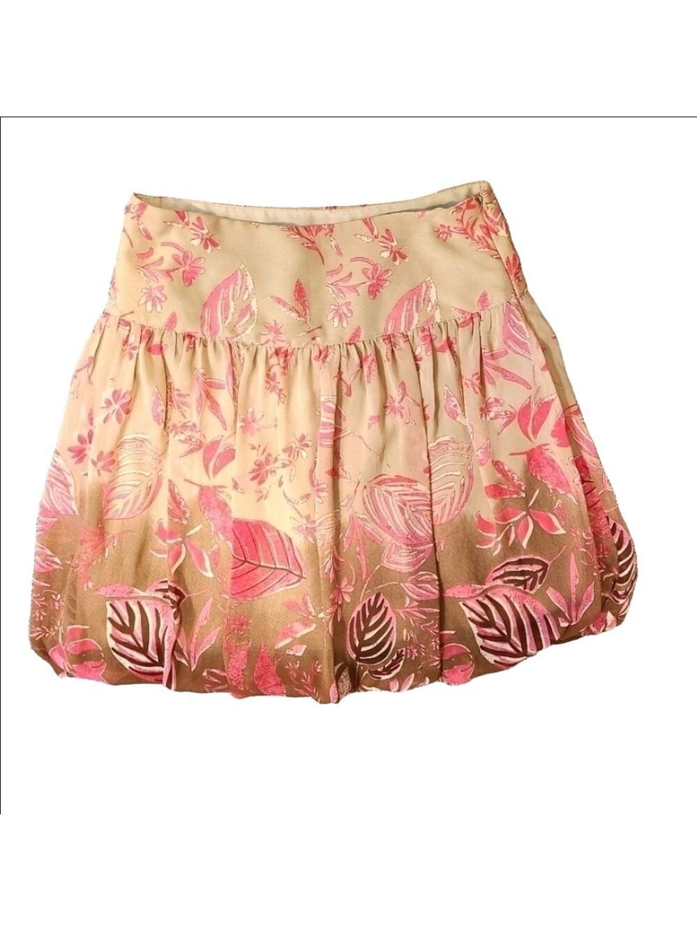 Fairycore Floral Leaf Mini Skirt Y2K Bubble Hem Zip-Up Pink Gold Brown Size 5/6
